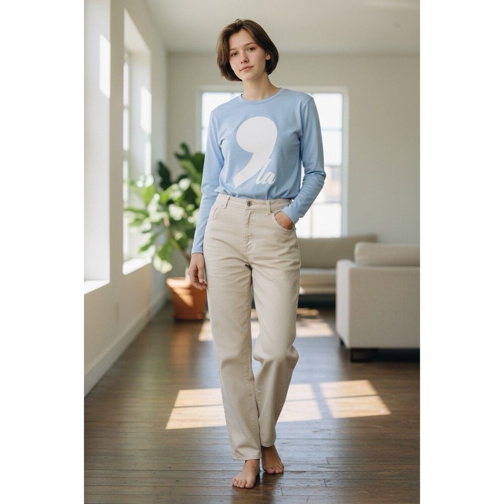 Comma LA Women's Long Sleeve Scoop Neck Graphic T-Shirt Blue Size XL Excellent